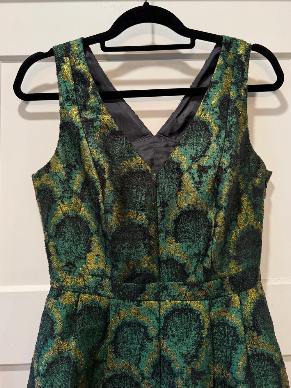 J.Crew Collection Metallic Green Jacquard Fit & Flare Dress Size 4 - Picture 3 of 10
